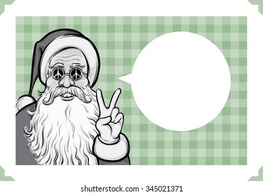 Merry Christmas greeting card with hippie Santa Claus showing peace sign