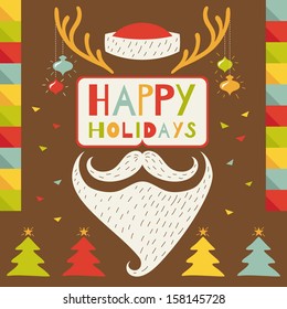 Merry Christmas greeting card in hipster style with Santa Claus. Vector illustration.