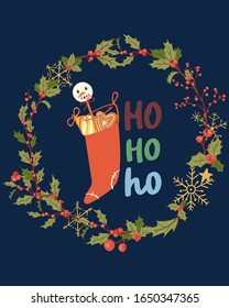Merry Christmas greeting card with Hohoho lettering, mistletoe wreath and santa sock with presents cartoon vector illustration. Merry christmas and ho ho ho card.