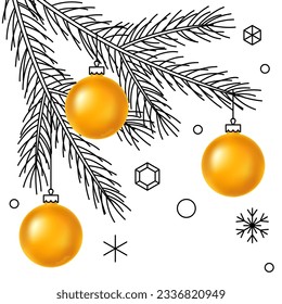 Merry Christmas greeting card. Holiday illustration of gold glass balls on tree in linear style.