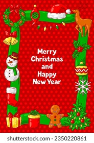 Merry Christmas greeting card. Holiday illustration in cartoon style.
