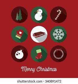 Merry Christmas greeting card with holiday circle icons. Simple holiday greeting illustration with festive winter icons.