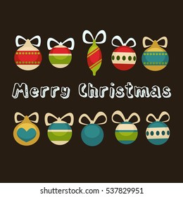 Merry Christmas greeting card. Holiday decorations with colored balls on dark background. Symbol of Xmas or New Year. Vector design for december celebration in cartoon style.