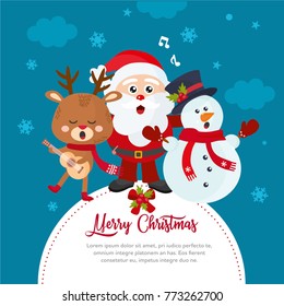 Merry Christmas greeting card. Holiday card template with hand drawn lettering. Santa Claus, deer, snowman sing a song. Illustration for X-mas holidays. 