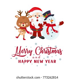 Merry Christmas greeting card. Holiday card template with hand drawn lettering. Santa Claus, deer, snowman sing a song. Illustration for X-mas holidays. 