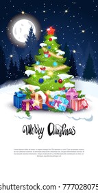 Merry Christmas Greeting Card Holiday Decoration Pine Tree With Gifts Over Winter Forest Background Flat Vector Illustration