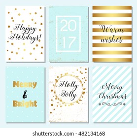 Merry Christmas greeting card. Holidays design card on blue background. Set of Christmas cards with gold and blue design. Festive design layout for menu, voucher, card, tag, label, blog, web.