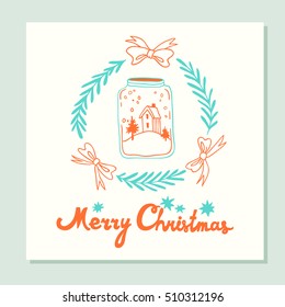 Merry Christmas. Greeting card with holidays symbols. Vector hand drawn illustration. Doodle style