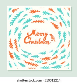 Merry Christmas. Greeting card with holidays symbols. Vector hand drawn illustration. Doodle style