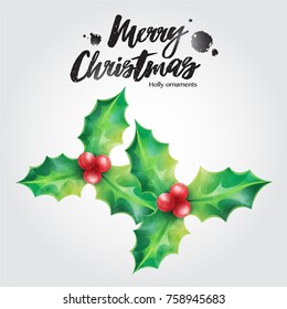 Merry Christmas greeting card, holly vector illustration Christmas ornaments