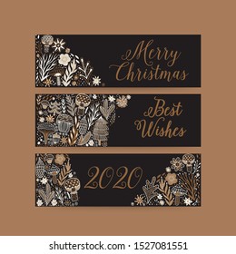 Merry Christmas greeting card, horizontal banners. Hand drawn vector illustration. Winter theme greeting card. Doodle flowers and leaves. Perfect for wedding invitations