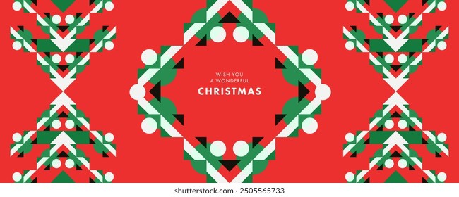 Merry Christmas greeting card, horizontal poster, holiday cover, header. Geometric Xmas design with stylized Christmas Tree made of geometric shapes and Christmas pattern in red, green, white colors.