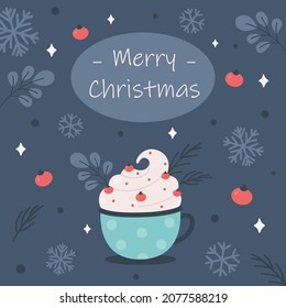 Merry Christmas greeting card with hot drink. Christmas sweets. Vector illustration