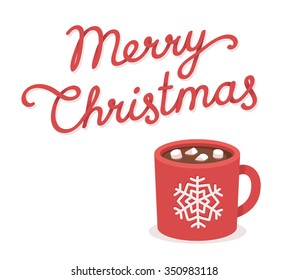 Merry Christmas greeting card with hot chocolate and marshmallow cup. Hand drawn lettering. Isolated vector illustration.