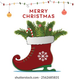 Merry Christmas Greeting Card with Ice Skating Boot of Fir Leaves, Candy Cane and Baubles Hang on White Background.