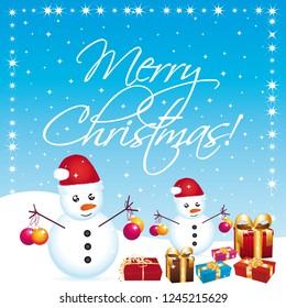 Merry christmas greeting card II with snowmen and gifts. Vector illustration.