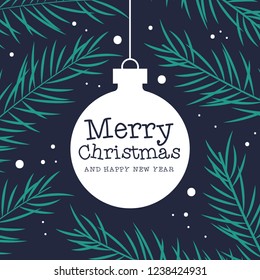 Merry Christmas greeting card illustration with xmas ornament bauble cartoon hanging from pine tree branch. Festive winter season design.
