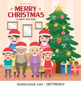 Merry Christmas greeting card illustration with happy family reunion and christmas tree in living room.  