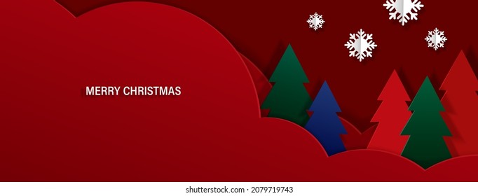 Merry Christmas greeting card, illustration of paper cut. Festive paper craft pine tree and snowflake.