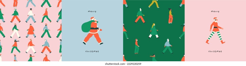 Merry Christmas greeting card illustration set of diverse people crowd walking together. Modern santa claus and elft character design for winter season celebration. Winter holiday print collection. 