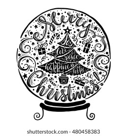 Merry Christmas Greeting Card illustration with hand drawn lettering design and spruce silhouette with wishes - hope, love, happiness, peace, joy. Perfect for poster, home decoration, banner.