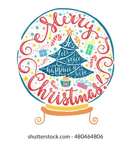 Merry Christmas Greeting Card illustration with hand drawn lettering design and spruce silhouette with wishes - hope, love, happiness, peace, joy. Perfect for poster, home decoration, banner.