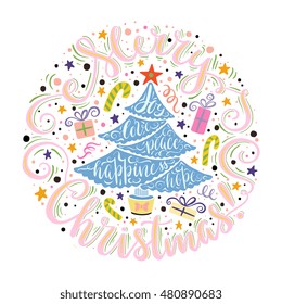 Merry Christmas Greeting Card illustration with hand drawn lettering design and spruce silhouette with wishes - hope, love, happiness, peace, joy. Perfect for poster, home decoration, banner.