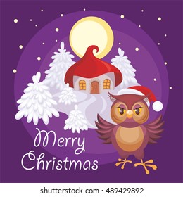 Merry Christmas greeting card with the image of a fairytale winter forest, small house and owl in Santa Claus's cap