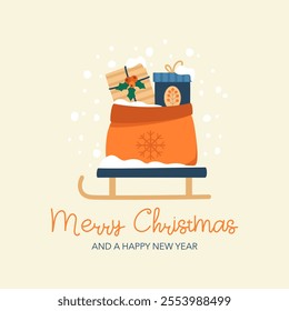 Merry Christmas greeting card. Images of a festive gift bag on a sled. Vector illustration