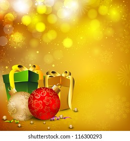 Merry Christmas greeting card, invitation card or gift card decorated with snowflakes, Xmas ball and gift boxes. EPS 10.