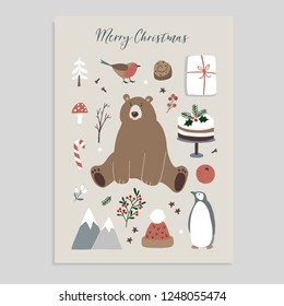 Merry Christmas greeting card, invitation. Set of cute Christmas animals and food icons. Bear, penguin, finch, knitted hat, cake, holly berries and gift box. Vintage flat design. Isolated vectors