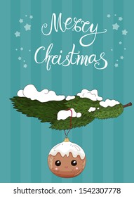 Merry Christmas greeting card, invitation party template. Gingerbread christmas ball on spruce branch with snow. Hand drawn merry xmas lettering, text, logo. Kawaii gingerbread icon, holiday decor.