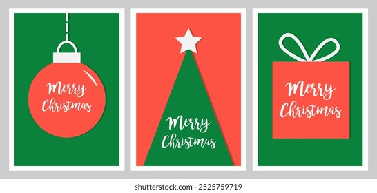 Merry Christmas Greeting card Invitation Poster set. Christmas tree with star. Hanging Christmas ball toy. Gift box with bow. Simple Flat design. Childish style. Green Red background. Vector