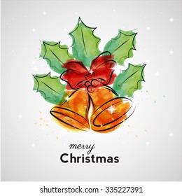Merry Christmas Greeting Card with Jingle Bells in watercolor style. Vector