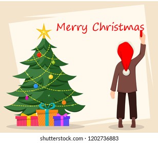 Merry Christmas greeting card with kid writing greetings on the wall near Christmas tree, cartoon character. Usable for greeting card, poster, flyer. Vector illustration