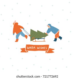 Merry Christmas greeting card with kid ride a sledge and carrying fir tree. Xmas winter poster collection.