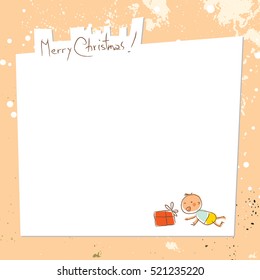 Merry Christmas greeting card, with kids, and space for text insertion. Sketchy doodle style hand drawn seasonal vector illustration.