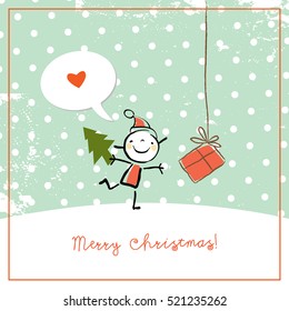 Merry Christmas greeting card, with kids, and space for text insertion. Sketchy doodle style hand drawn seasonal vector illustration.