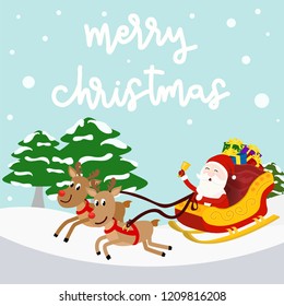 Merry Christmas greeting card. Kindness Santa Claus ring the bell and carry present gift on sleigh with reindeers on snowy and Christmas tree background. vector illustration design in square size