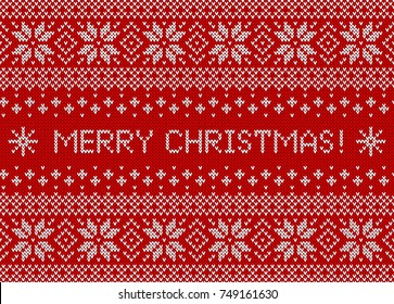 Merry Christmas greeting card with knitted background. Red and white seamless sweater pattern with traditional scandinavian ornament. Vector illustration.