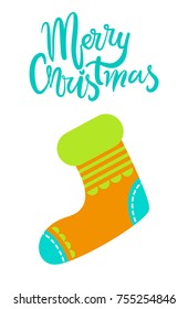 Merry Christmas greeting card with knitted Xmas holiday sock to hang on fireplace isolated cartoon flat vector, festive symbolic accessory for gifts.
