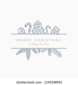 Merry Christmas Greeting Card or Label. Frame Banner with Modern Typography and Hand Drawn Holiday Illustrations. Cookie, Candy Cane and Fir-needle Branch with Strobile. Pastel Colors Layout. Isolated