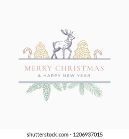 Merry Christmas Greeting Card or Label. Frame Banner with Vintage Typography and Hand Drawn Holiday Illustrations. Cookie, Candy Cane and Reindeer with Strobile Branch. Pastel Colors Layout. Isolated.