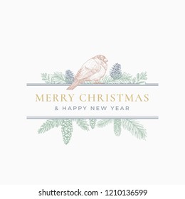 Merry Christmas Greeting Card or Label. Frame Banner with Vintage Typography and Hand Drawn Holiday Illustrations. Mistletoe, Bullfinch Bird and Strobile Branches. Pastel Colors Layout. Isolated.