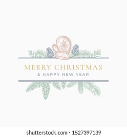 Merry Christmas Greeting Card or Label. Frame Banner with Vintage Typography and Hand Drawn Holiday Illustrations. Glove, Mistletoe, Fir-needle and Strobile Branches. Pastel Colors Layout. Isolated.