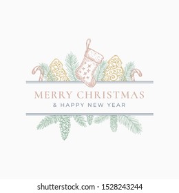 Merry Christmas Greeting Card or Label. Frame Banner with Vintage Typography and Hand Drawn Holiday Illustrations. Cookie Tree, Candy Cane and Sock with Strobile Branch. Pastel Colors Layout. Isolated