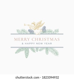 Merry Christmas Greeting Card or Label. Frame Banner with Vintage Typography and Hand Drawn Holiday Illustrations. Angel with Horn, Holly, Fir-needle Branches. Pastel Colors Layout. Isolated.