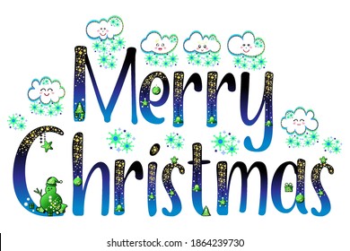 Merry Christmas. Christmas greeting card label. Xmas sticker using emoticons. Winter night sky gradient characters. Glitter stars and sparkling pattern snow. Vector illustration for journals scrapbook