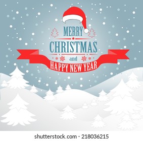 Merry Christmas greeting card Landscape with Santa Hat. Vector