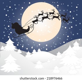 Merry Christmas greeting card Landscape with Santa Claus on sledge with deers. Vector